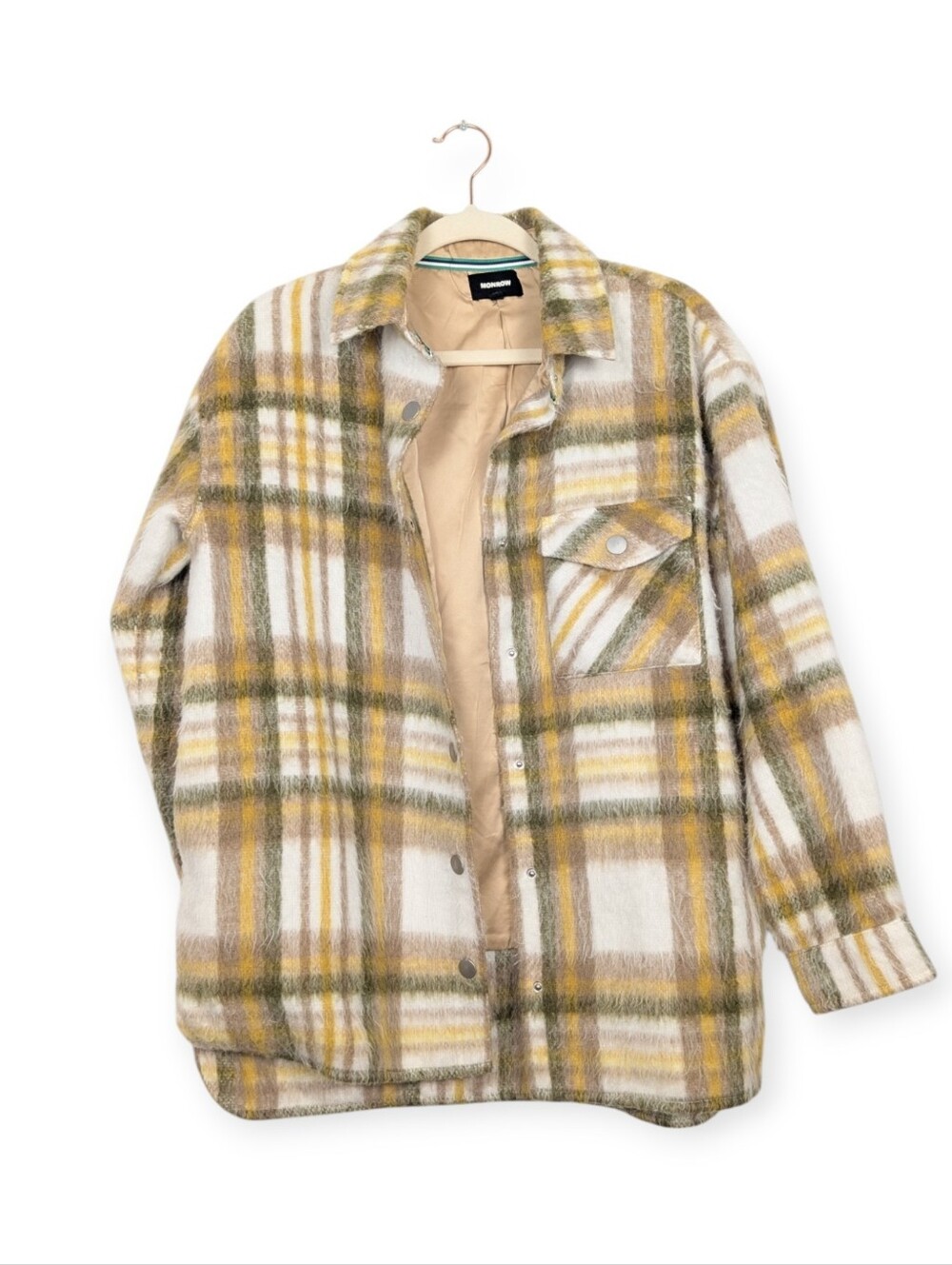 Monrow Plaid Shirt Jacket Olive Mustard Ivory Wool Blend Size XS